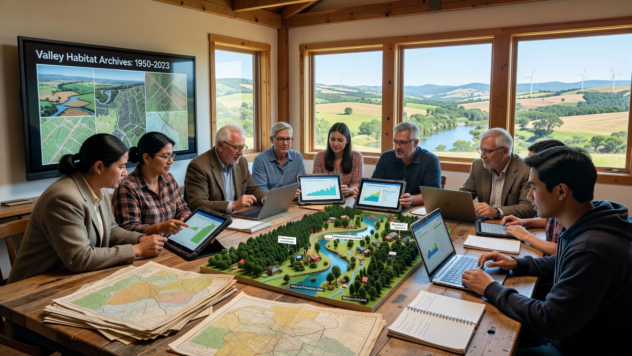 Community workshop participants reviewing habitat maps on tablets and printed charts during a planning session for upcoming green initiatives